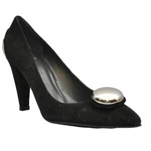 Stuart Weitzman Suede Leather Shiny Chrome Button Pump Heel Black 7 N Pre-Owned